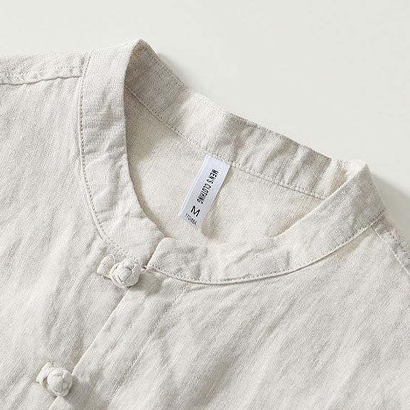 Daily Frog-Button Stand Collar Short Sleeve Linen Men's Shirt