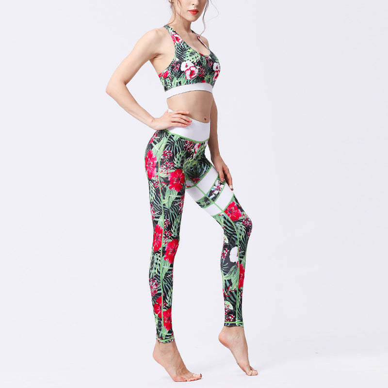 2Pcs Sunflower Flowers Leaves Print Top Pants Sports Fitness Yoga Women's Yoga Sets