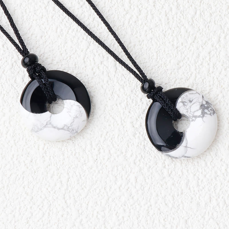 Natural Black Obsidian White Turquoise Yin Yang Peace Buckle Design Braided String Strength Necklace Pendant