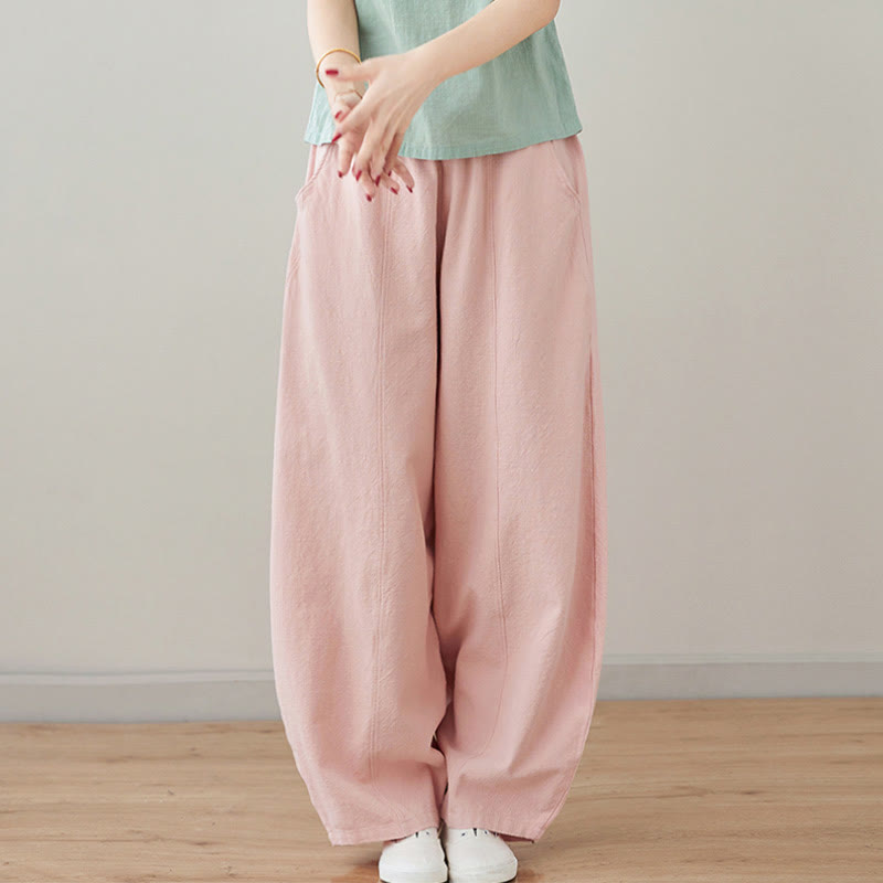 Casual Plain Loose Rope Women's Cotton Linen Pants With Pockets