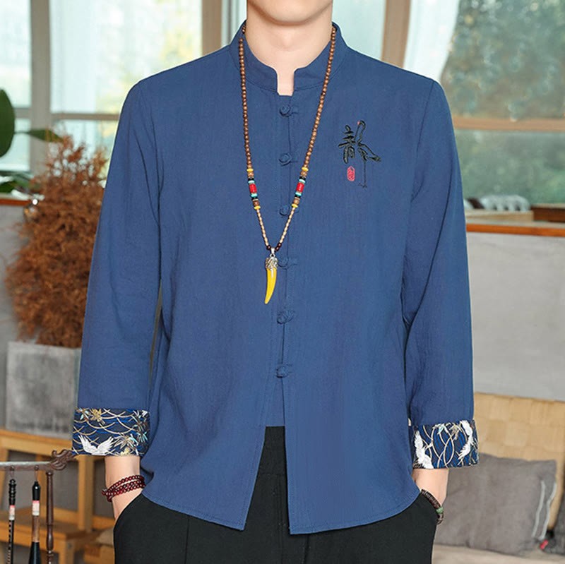 Fall Solid Long Sleeve Frog-Button Shirt Linen Men Zen Clothing