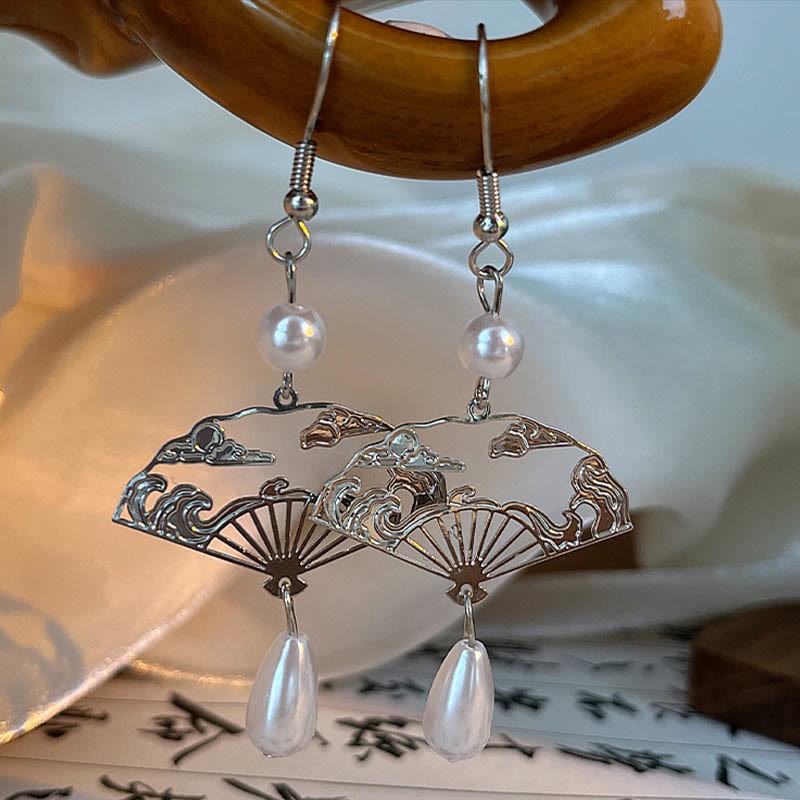 Copper Fan Auspicious Clouds Pearl Healing Drop Earrings