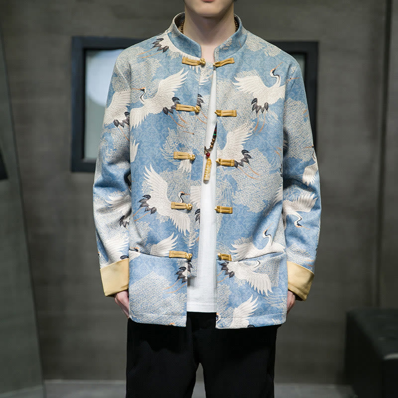 Chinese New Year Clothes White Crane Gold Frog-button Tang Suit Cotton Men's Jacket Shirt With Pockets