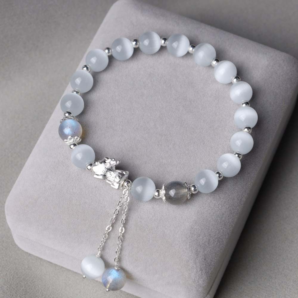 Natural Cat's Eye Moonstone Strawberry Quartz PiXiu Support Bracelet