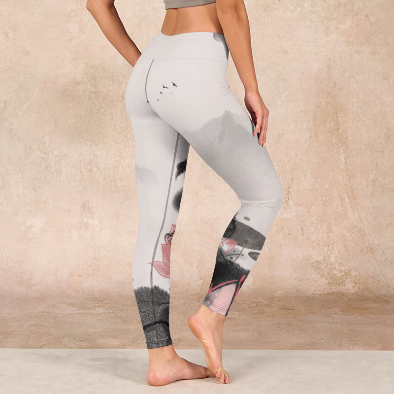 Ink Painting Lotus Flower Leaf Print Gym Fitness Leggings Women's Yoga Pants