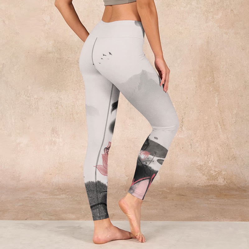 Ink Painting Lotus Flower Leaf Print Gym Fitness Leggings Women's Yoga Pants