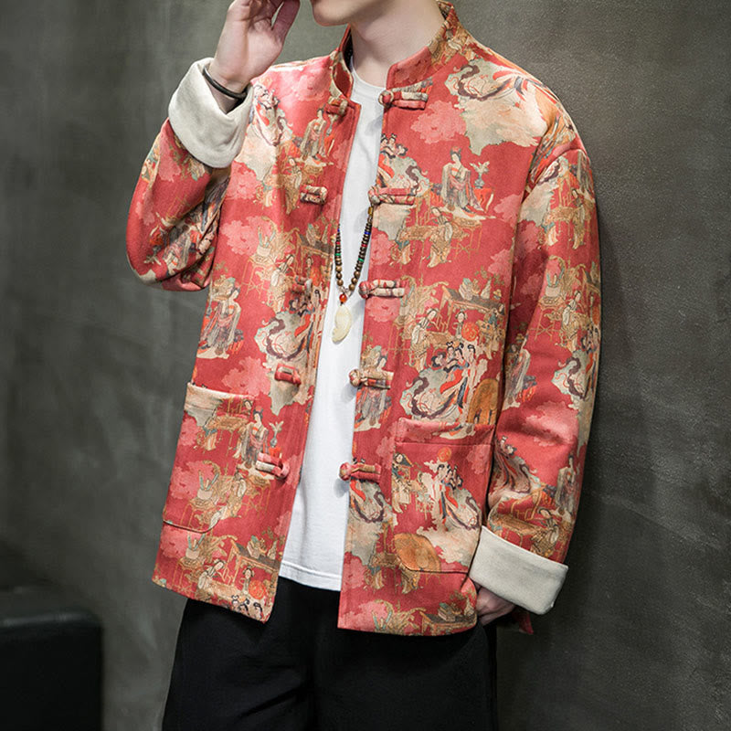 Chinese New Year Clothes Ancient Figure Painting Solid Color Cuff Frog-button Tang Suit Cotton Men's Jacket Shirt With Pockets