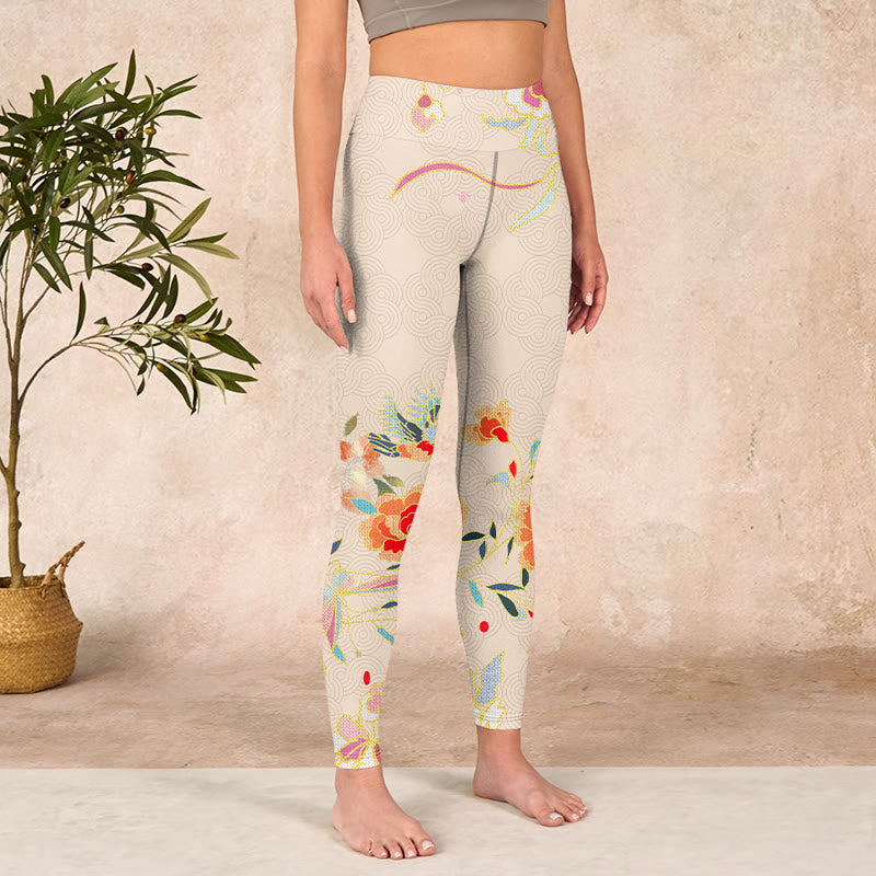 Apricot Butterfly Peony Flowers Leaves Print Gym Leggings Women's Yoga Pants