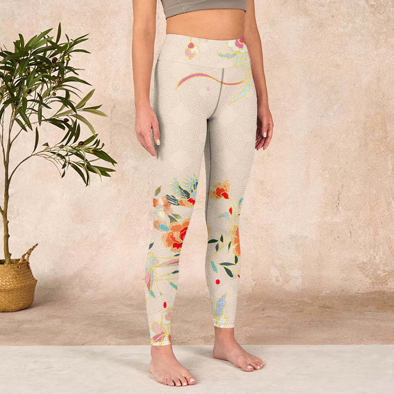 Apricot Butterfly Peony Flowers Leaves Print Gym Leggings Women's Yoga Pants