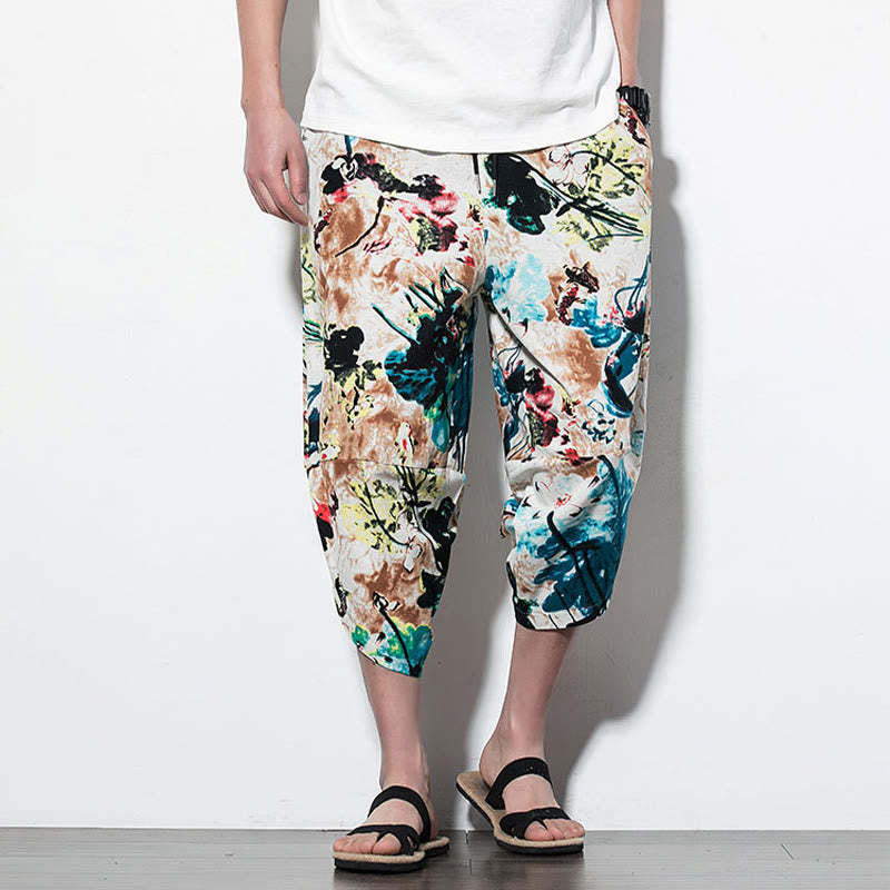 Flowers Leaves Brown Blue Painting Print Cotton Men's Long Cropped Harem Pants With Pockets