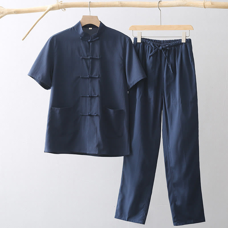Tang Frog-Button Short Sleeve Shirt Wide Leg Pants Men's Suit