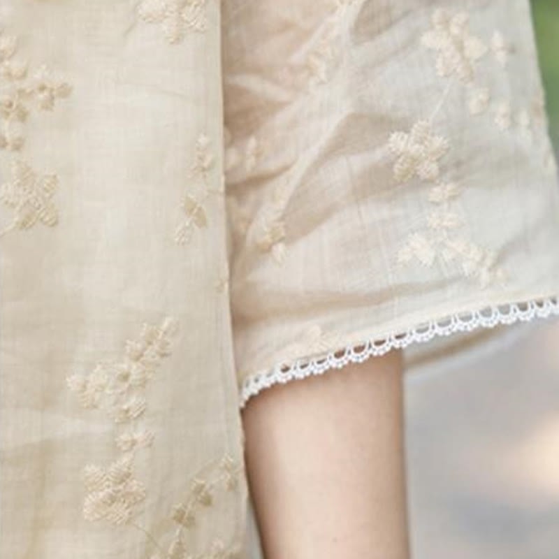 Casual Embroidered Slant Collar Stand Collar Half Sleeve Design Ramie Midi Dress With Pockets