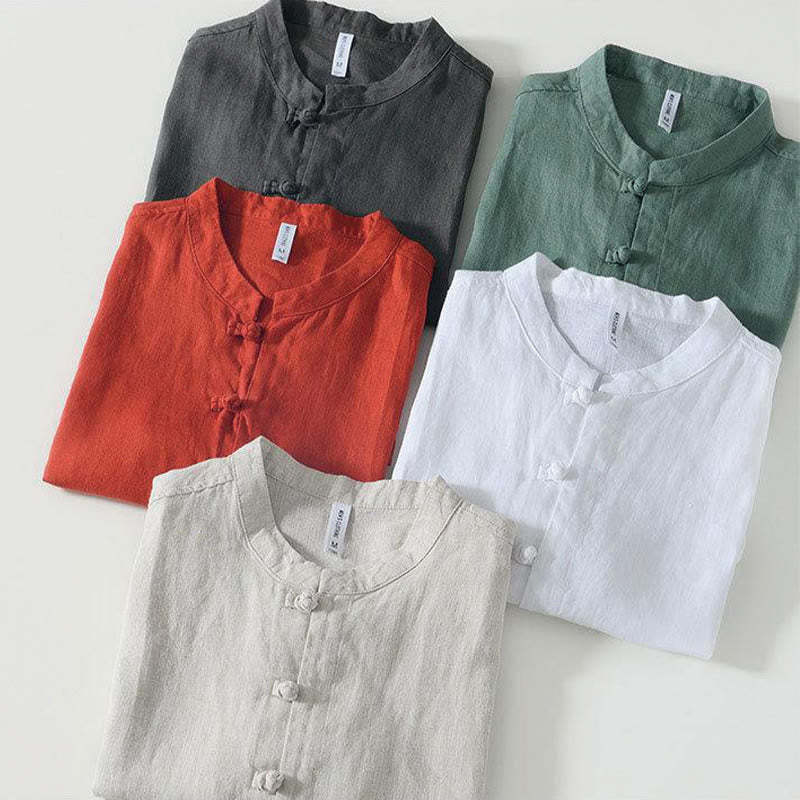 Daily Frog-Button Stand Collar Short Sleeve Linen Men's Shirt