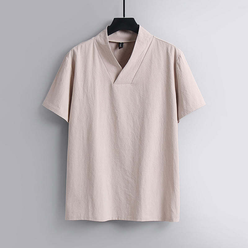 Loose Men's T-Shirt Solid Color Top Short Sleeve V Collar Breathable Linen Shirt
