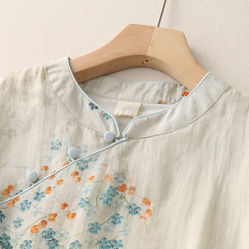 Blue Flowers Orange Leaves Frog-Button Three Quarter Sleeve Cotton Linen Shirt