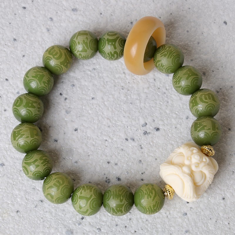 Green Bodhi Seed Ivory Fruit Dancing Lion Om Mani Padme Hum Engraved Peace Bracelet