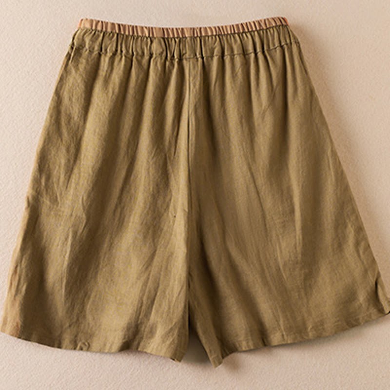 Wild Simple Design Embroidery Drawstring Cotton Linen Women's Shorts With Pockets