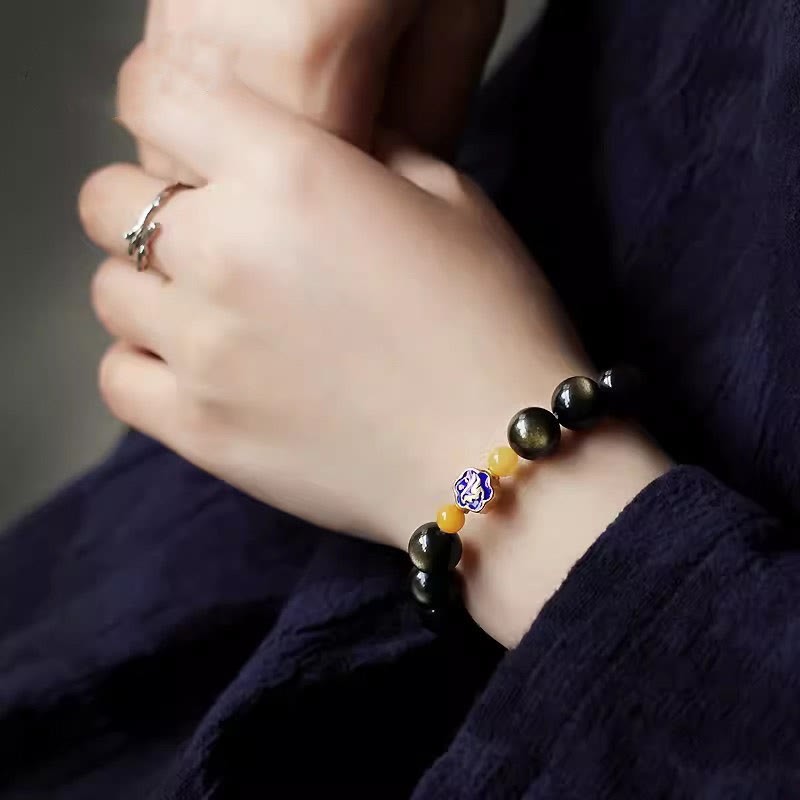 925 Sterling Silver Chinese Zodiac Natal mystic zen Natural Gold Sheen Obsidian Amber Wealth Protection Bracelet
