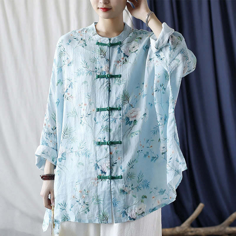Light Green Pink Flowers Green Leaves Frog-Button Long Sleeve Ramie Linen Jacket Shirt