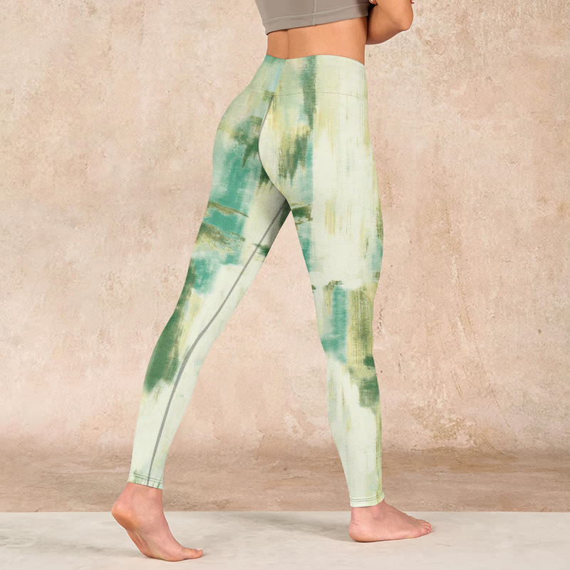 Beige Green Tie Dye Print Exercise Leggings Women's Yoga Pants