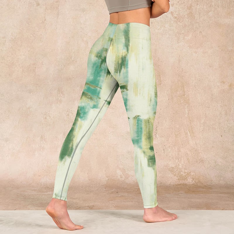 Beige Green Tie Dye Print Exercise Leggings Women's Yoga Pants
