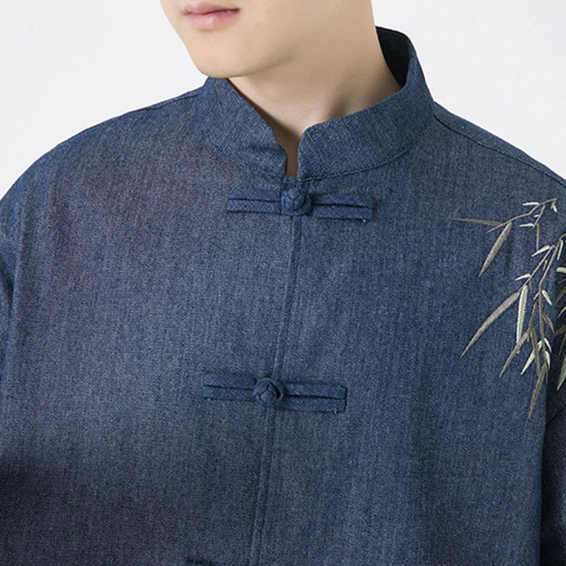 Bamboo Leaves Design Frog-button Tang Suit Cotton Men's Jacket Shirt