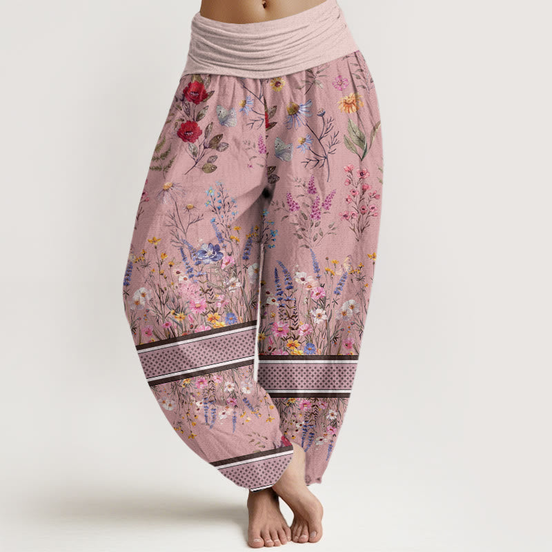 Multicolored Flowers Butterflies Design Women's Elastic Waist Harem Pants