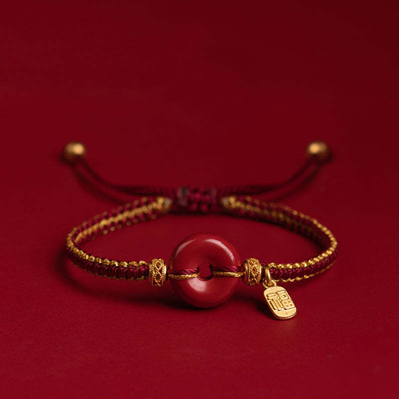Natural Cinnabar Peace Buckle Fu Character Charm Blessing Braided Bracelet