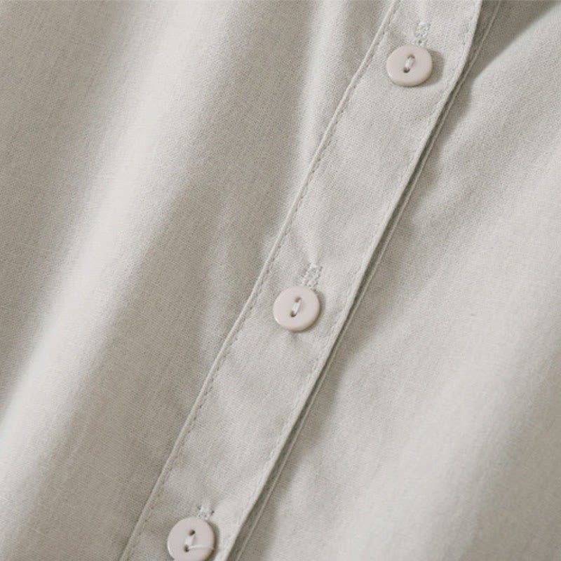 Summer Buttons Design Short Sleeve Cotton Linen Midi Dress With Pockets