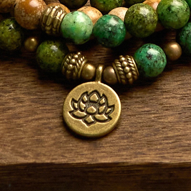 108 Mala Beads Natural Stone Picture Jasper Turquoise Lotus Positive Bracelet