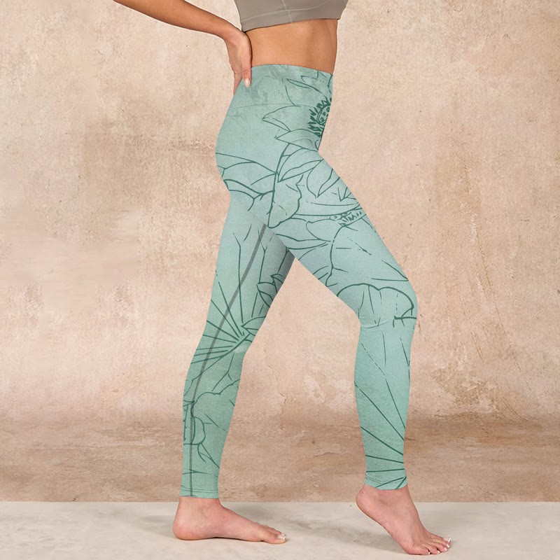 Green Lotus Flower Print Sports Leggings Women's Yoga Pants