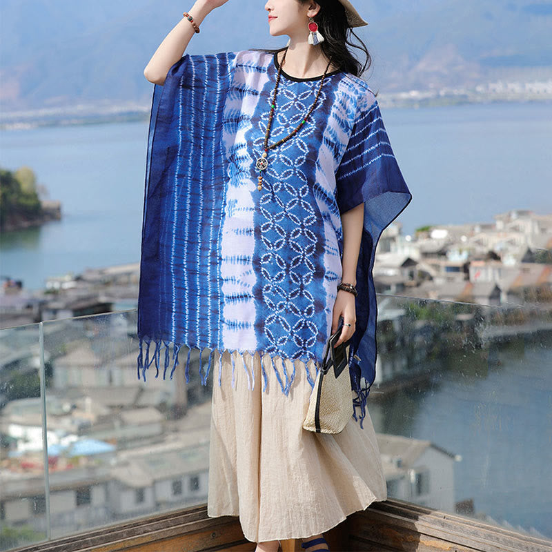 Blue White Striped Indigo Dyeing Shawl Tassels Cozy Pullover 90*95cm