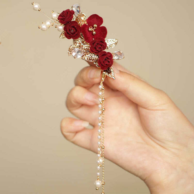 Retro Chinese Style Red Camellia Flower Tassel Side Hair Clip