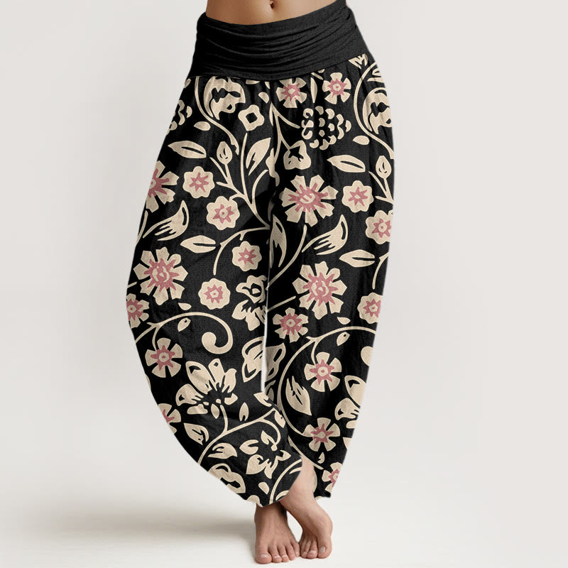 Casual Beige Pink Flowers Grapes Design Women's Elastic Waist Harem Pants