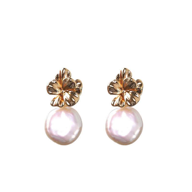 925 Sterling Silver Natural Baroque Pearl Flower Healing Drop Earrings