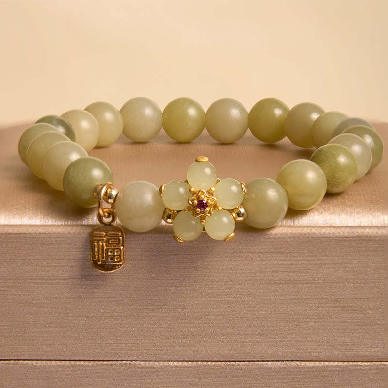 Green Jade Flower Fu Character Charm Luck Bracelet