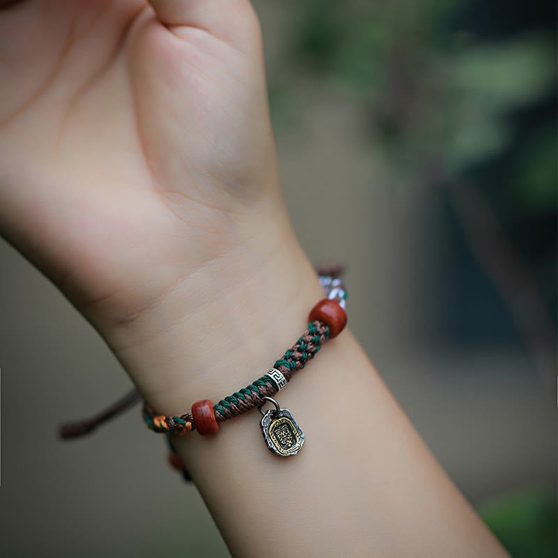 Handmade Tibetan Silver 925 Sterling Silver Zakiram Goddess of Wealth Camel Bone Protection Braided Bracelet