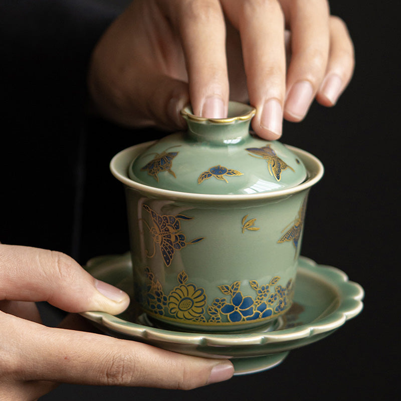 Green Porcelain Butterfly Flower Salmon Fish Ceramic Gaiwan Sancai Teacup Kung Fu Tea Cup And Saucer With Lid