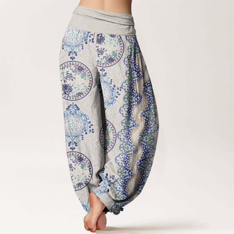 Round Diamond Shape Chinese Floral Design Women's Elastic Waist Harem Pants