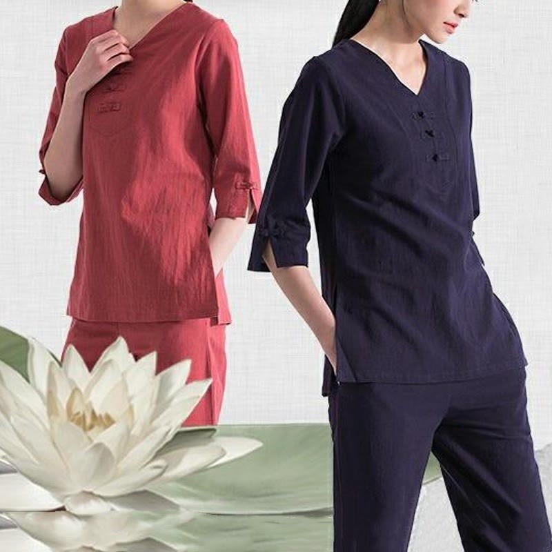Yoga Meditation Prayer V-neck Design Cotton Linen Clothing Uniform Zen Practice Women's Set