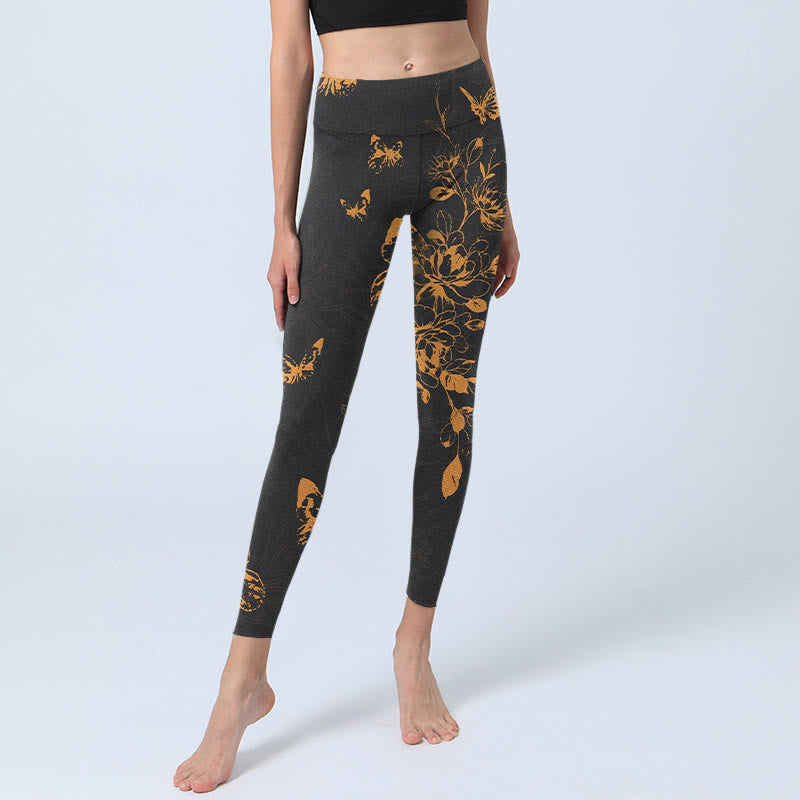 Dark Grey Butterflies Peony Flowers Print Gym Leggings Women's Yoga Pants