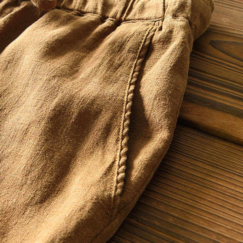 Casual Solid Color Simple Design Drawstring Ramie Linen Men's Pants With Pockets