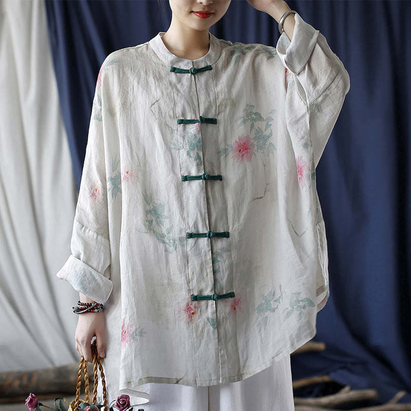 White Red Flowers Green Leaves Frog-Button Long Sleeve Ramie Linen Jacket Shirt