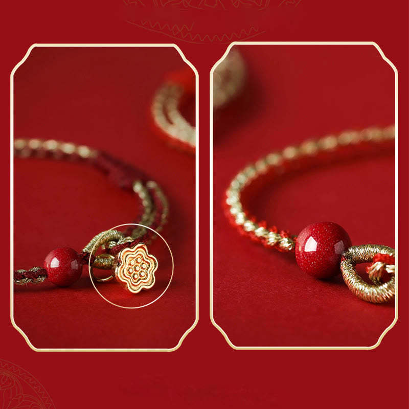 Handmade 925 Sterling Silver Lotus Cinnabar Gold Bead Blessing Braid Bracelet