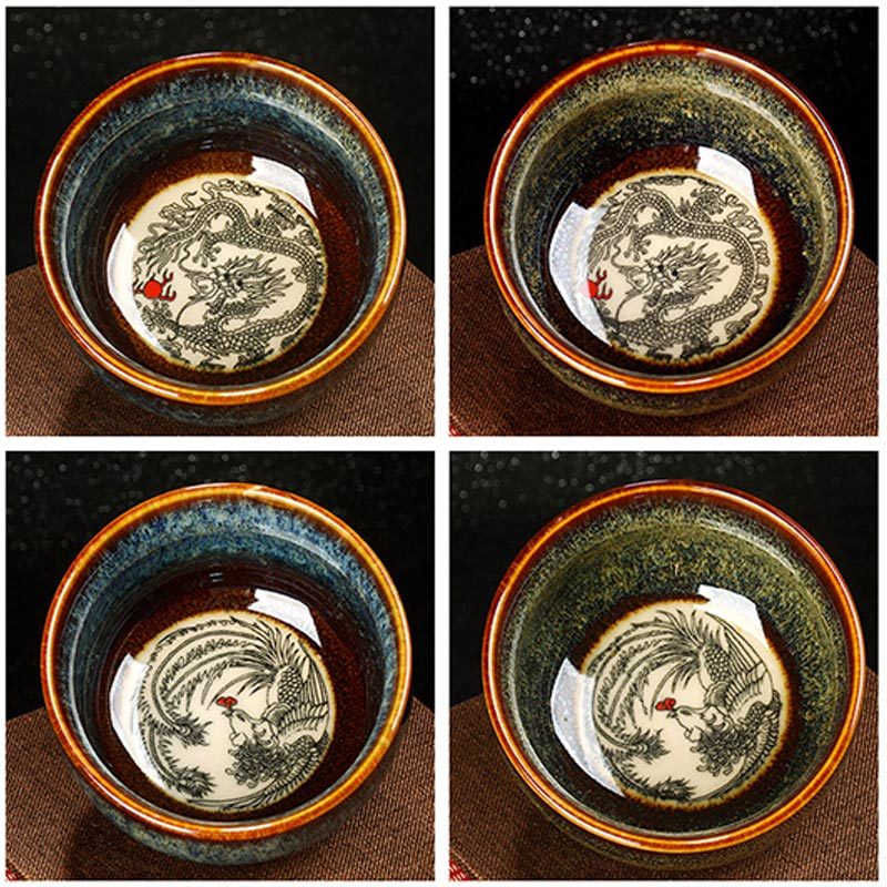 Lotus Dragon Phoenix Koi Fish Chinese Jianzhan Ceramic Teacup Kung Fu Tea Cup 110ml