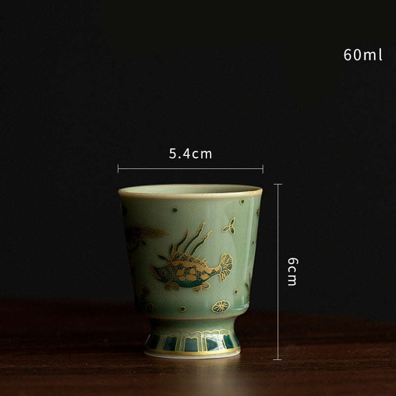 Green Porcelain Butterfly Flower Salmon Fish Ceramic Gaiwan Sancai Teacup Kung Fu Tea Cup And Saucer With Lid