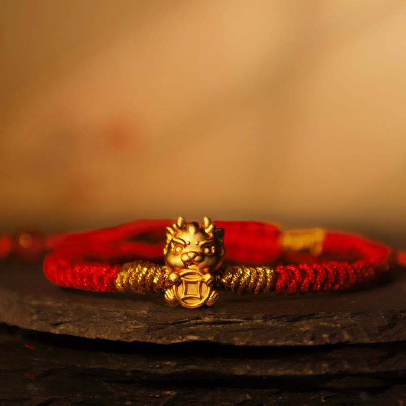 999 Sterling Silver Year of the Dragon Copper Coin Fortune Dragon Fu Character Luck Handcrafted Red String Braided Bracelet