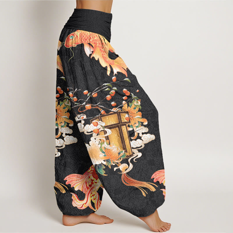 Koi Fish Lanterns Chrysanthemums Fruit Trees Women's Elastic Waist Harem Pants