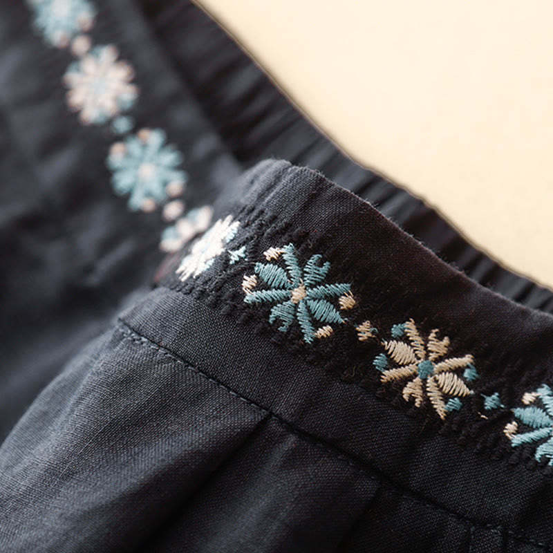 Summer Casual Embroidery Flower Pleated Zipper Button Cotton Linen Women's Shorts With Pockets