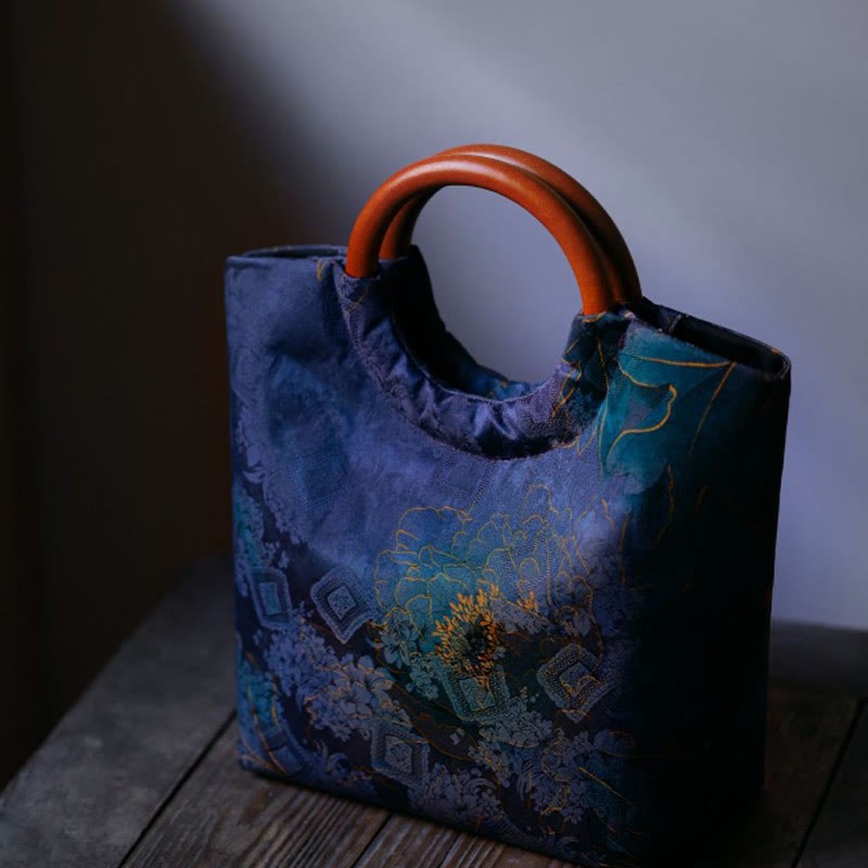 Peony Flower Bamboo Leaves Bird Solid Wood Handle Handbag